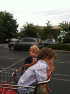 Boys hanging out in cart (contained!) and awaiting rescue from car trouble
